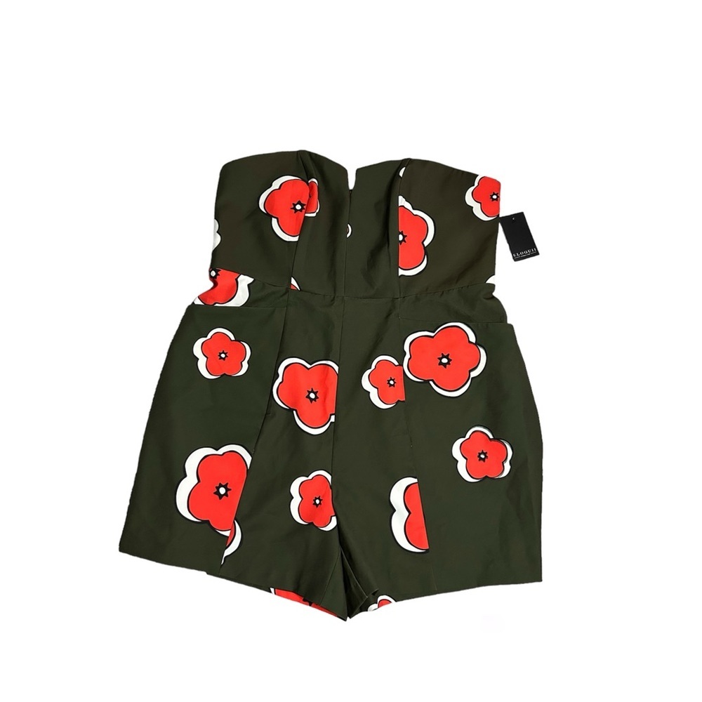 Eloquii Strapless Romper Red Floral on Olive Green